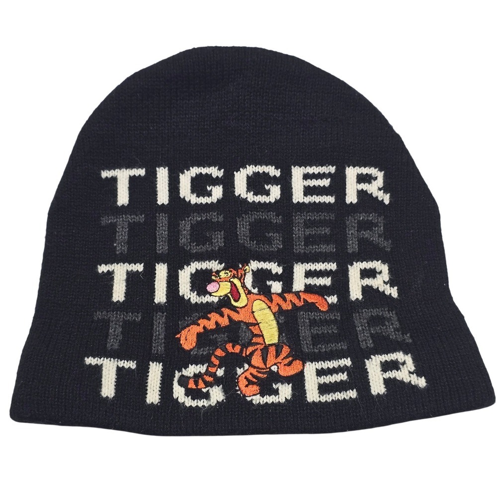 Disney Pooh Tigger Graphic Knit Beanie Hat Black Acrylic Vintage 90s Child Kid